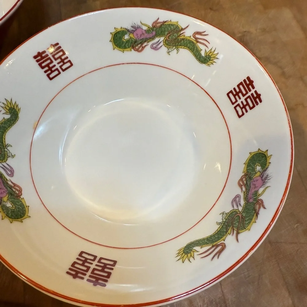 Vintage Chinese Ceramic Ramen Soup Bowls Hand Painted Dragon Dishes Japan